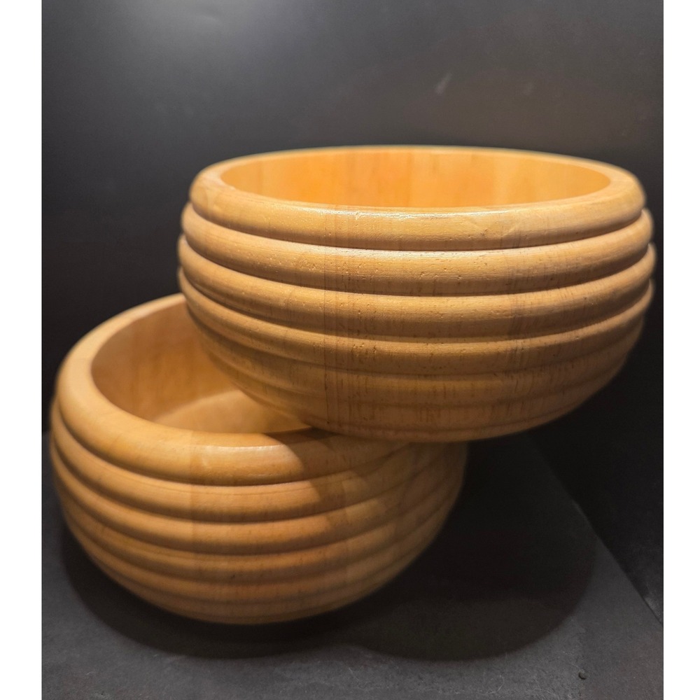 Elam Woodard & Charles Beehive Hand Turned Bowls Set 2 Tan Wood MCM Thailand‎
